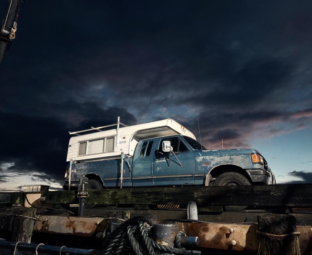 Truck and camper on dock in Bellingham WA